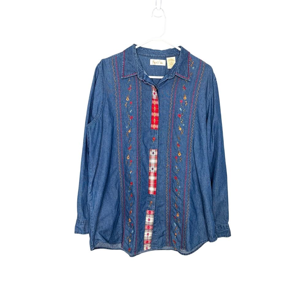 Bobbie Brooks Embroidered Denim Button Down Shirt Sz XL Cottagecore Prairie